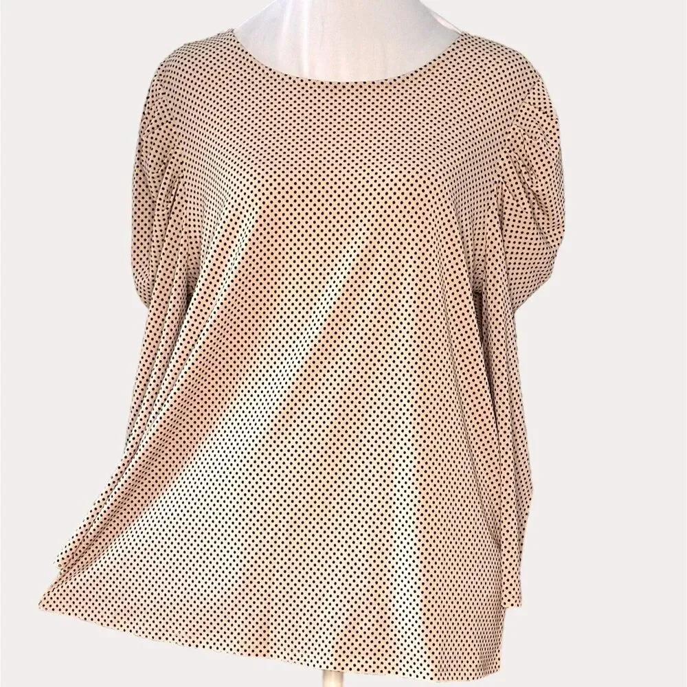 Adrianna Papell Slinky Knit Puff Sleeve Blouse Top Polka Dot Peach M NWOT